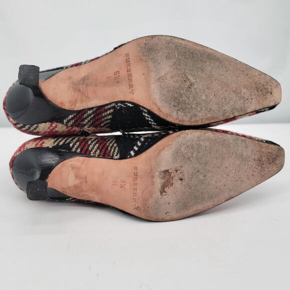 Burberry London Size 6.5M Ankle Boots Plaid Red Black Wool Pointed Toe Booties - Picture 6 of 9